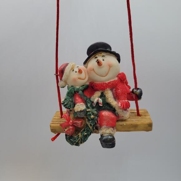 Large Snowman Couple on Swing 90s Christmas Ornament - Picture 1 of 3